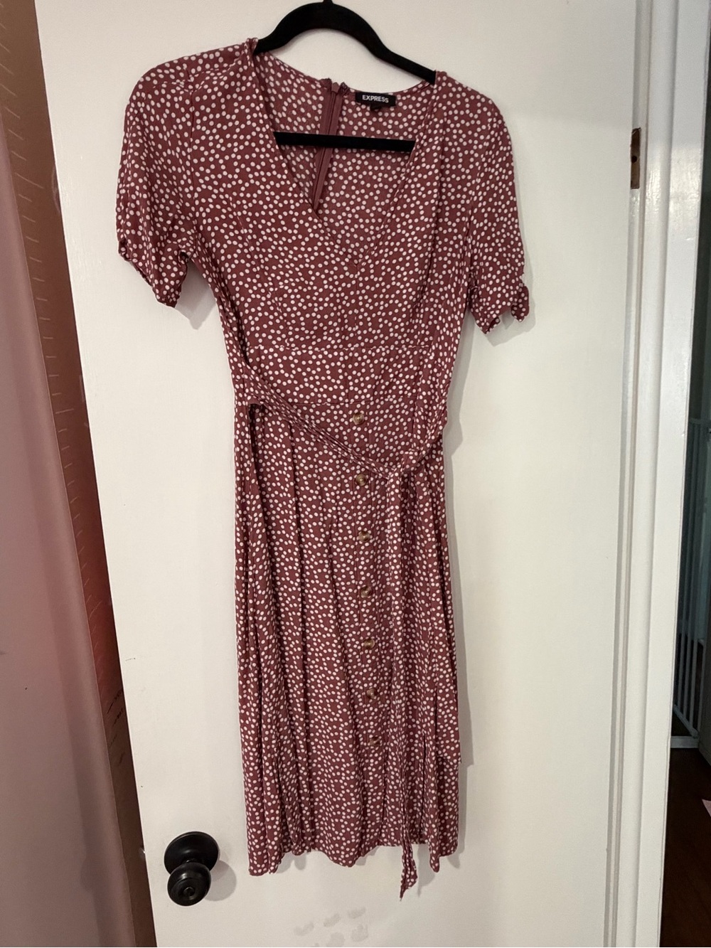 Express Mauve Pink Polka Dot Wrap-Style Midi Dress